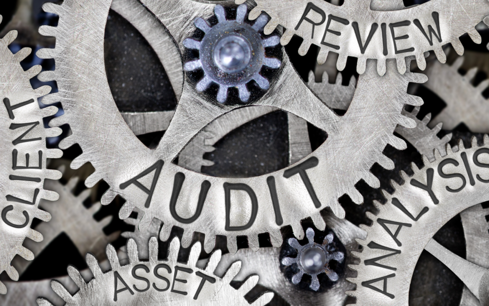 Many gears with the words Audit, Review, Analysis, Asset, Client written on them.