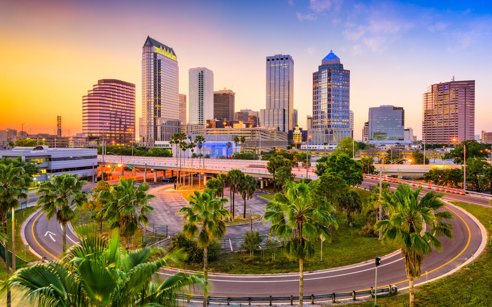 Tampa Florida skyline at sunset.