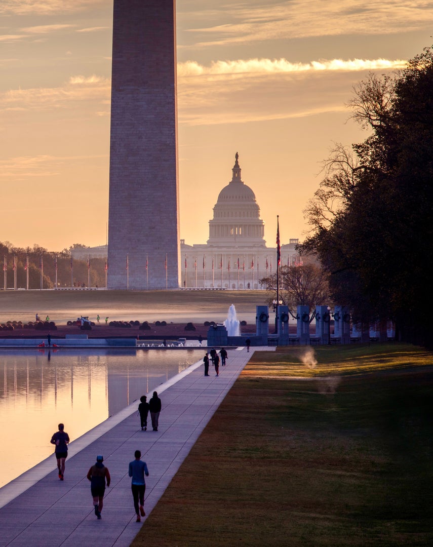 The National Mall in Washington DC at dusk.