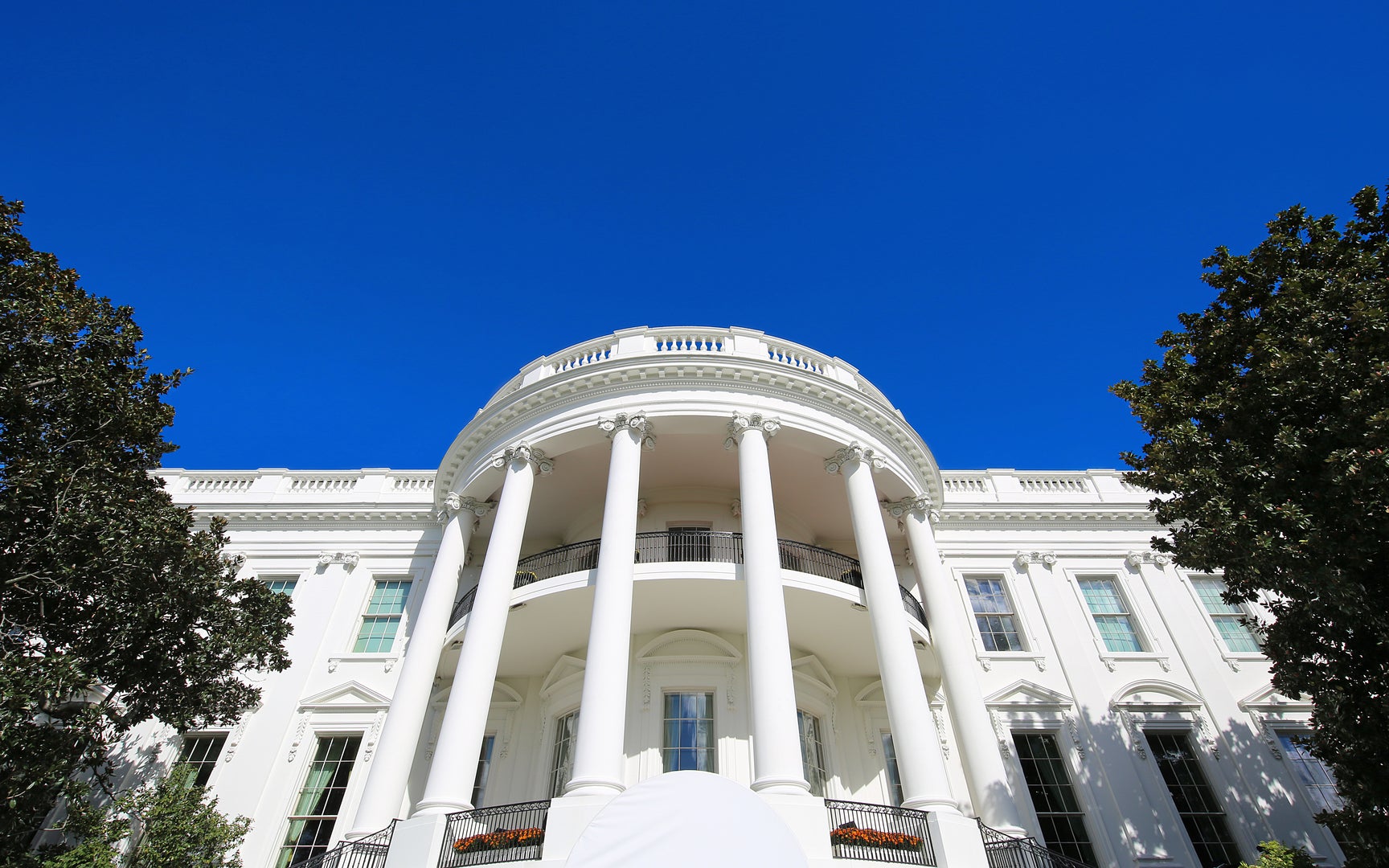 Up-view of the back of the White House's South Portico.