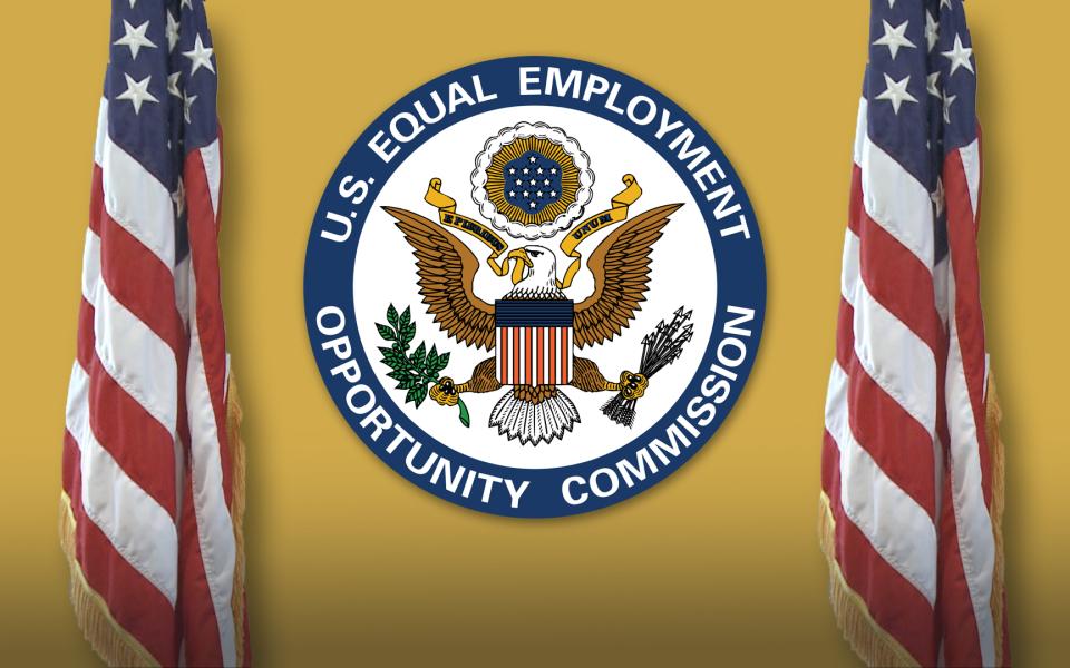 EEOC seal on the wall flanked by American flags.