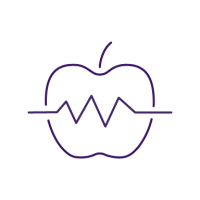 purple icon of apple with a heartbeat ekg line in front of it