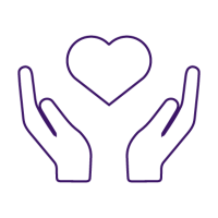 purple icon of two hands holding a raised heart