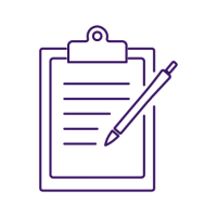 purple icon of pen writing on clipboard