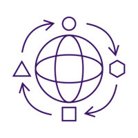 purple icon of abstract globe surrounded by 4 different shapes