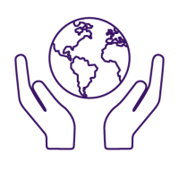 purple icon of two hands holding raised globe