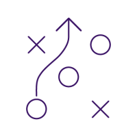 purple icon of a strategy diagram where 1 of 3 circles dodges two x's by following an arrow