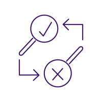 purple icon of two magnifying glasses looping back to each other with arrows. one contains a checkmark and one contains an x.